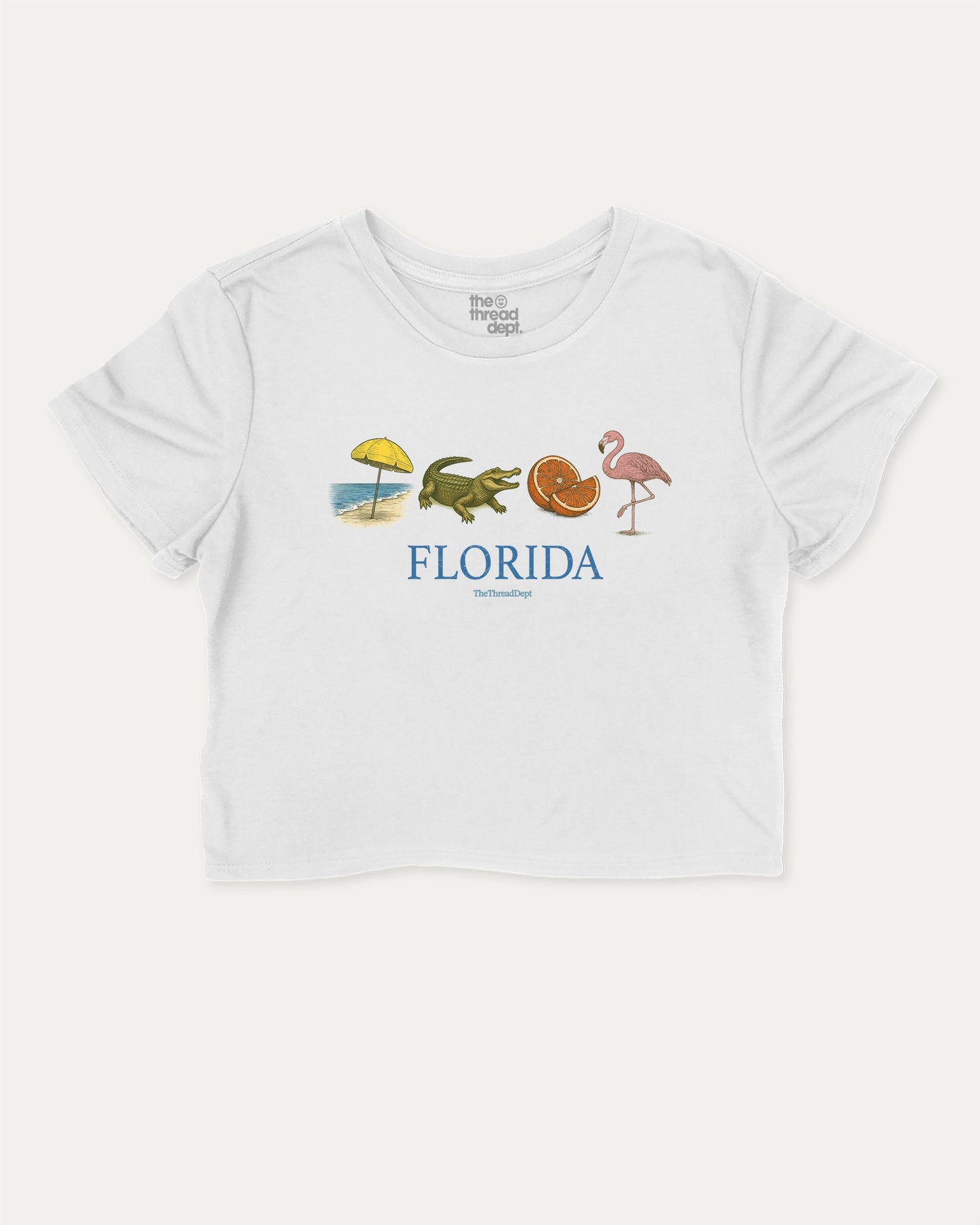 Florida Vintage Icons cute and trendy crop tee with nostalgic graphic, perfect for women. Gift for traveler, souvenir idea, retro state crop t-shirt. White crop tee