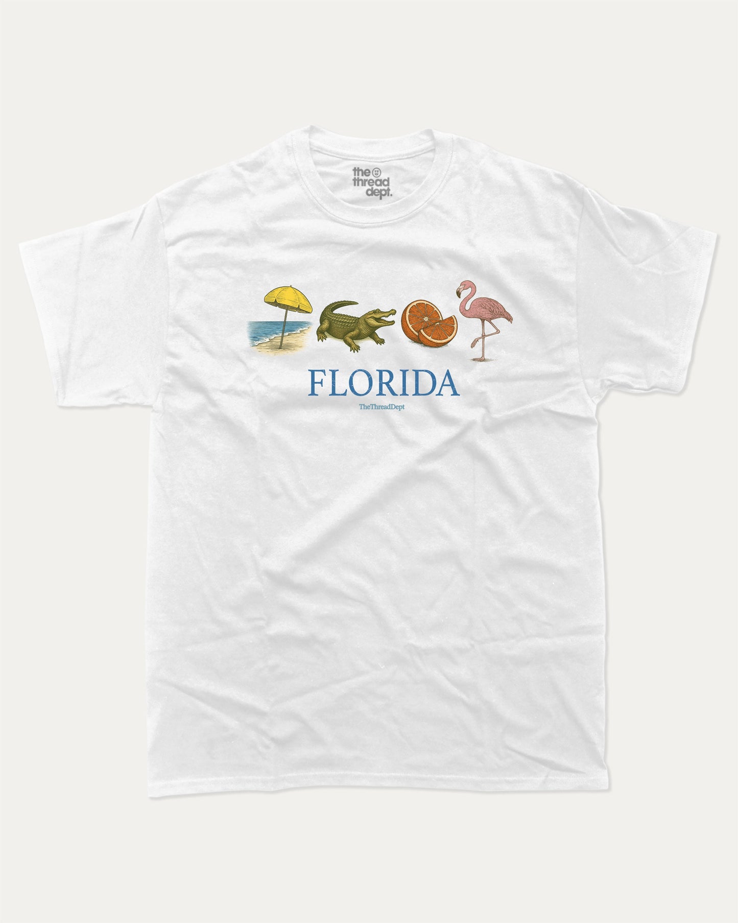 Florida Vintage Icons graphic t-shirt. Gift for traveler, souvenir tee, retro state t-shirt. White.