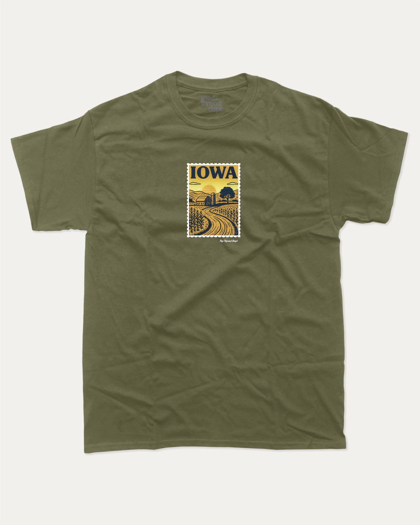 Iowa State Stamp graphic t-shirt, perfect for adults. A must-have funny tee, trending meme shirt, unique state gift idea. Military Green.