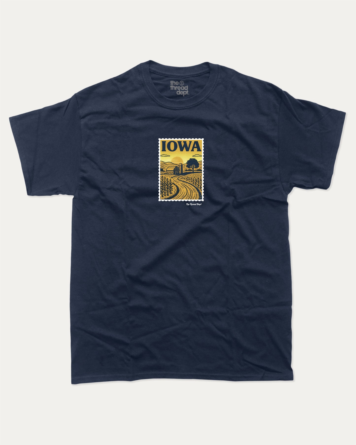 Iowa State Stamp graphic t-shirt, perfect for adults. A must-have funny tee, trending meme shirt, unique state gift idea. True Navy.