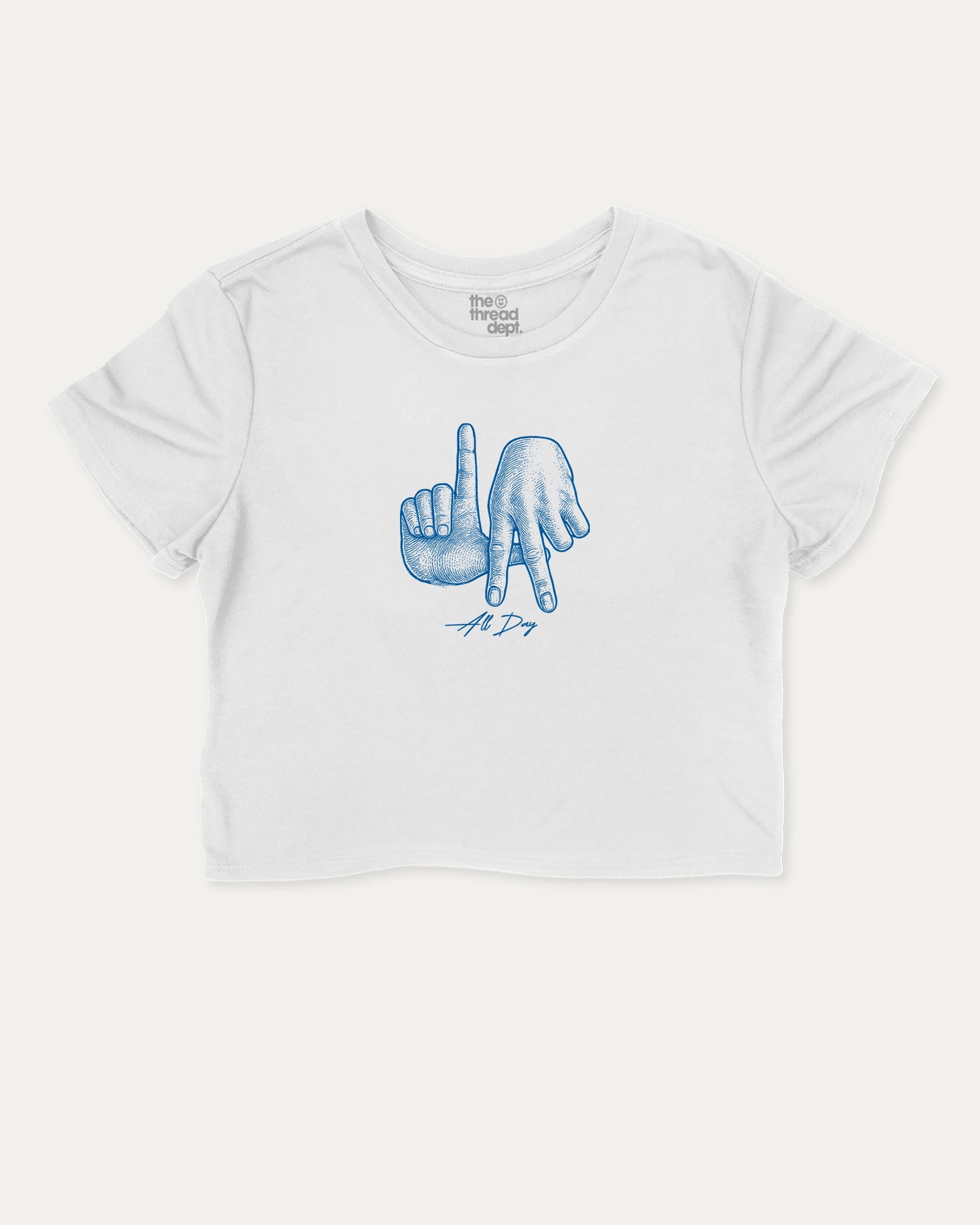 LA All Day Los Angeles State cute and trendy crop tee with nostalgic graphic, perfect for women. A must-have cropped aesthetic shirt, ideal for daily outfits and casual days. White crop tee