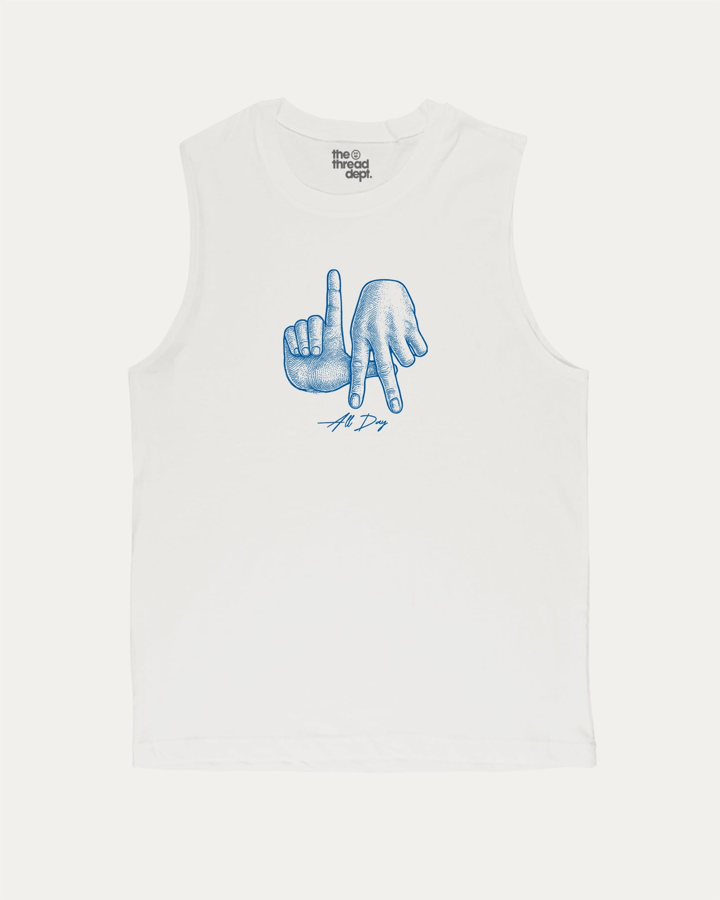 LA All Day Los Angeles State funny men's muscle tank, perfect for gym and casual wear. A must-have everyday tank top, strong style for active days. White muscle top