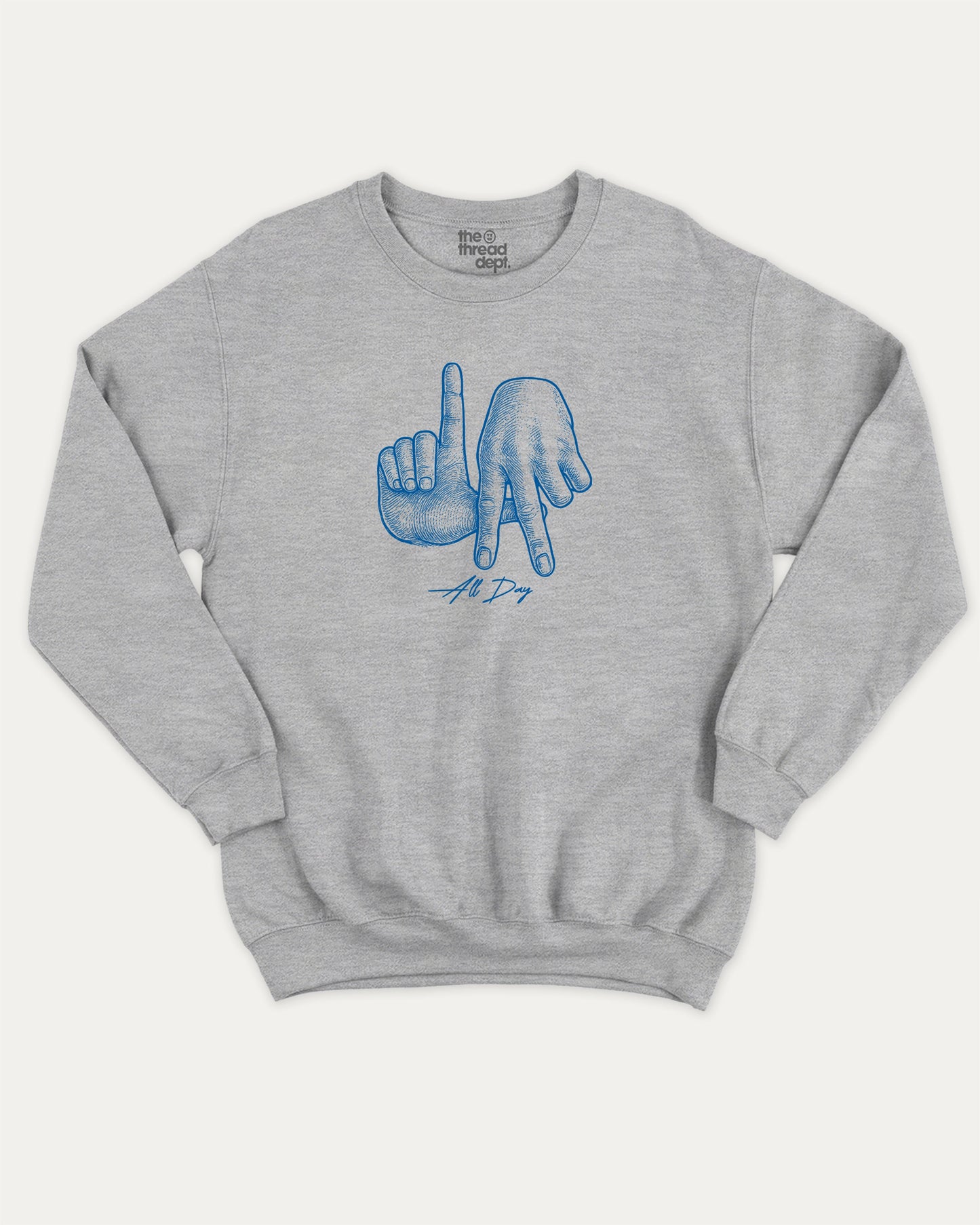 LA All Day pullover sweatshirt, perfect for adults. A must-have graphic pullover, comfy cold-weather wear, bold casual look. Heather Grey sweater
