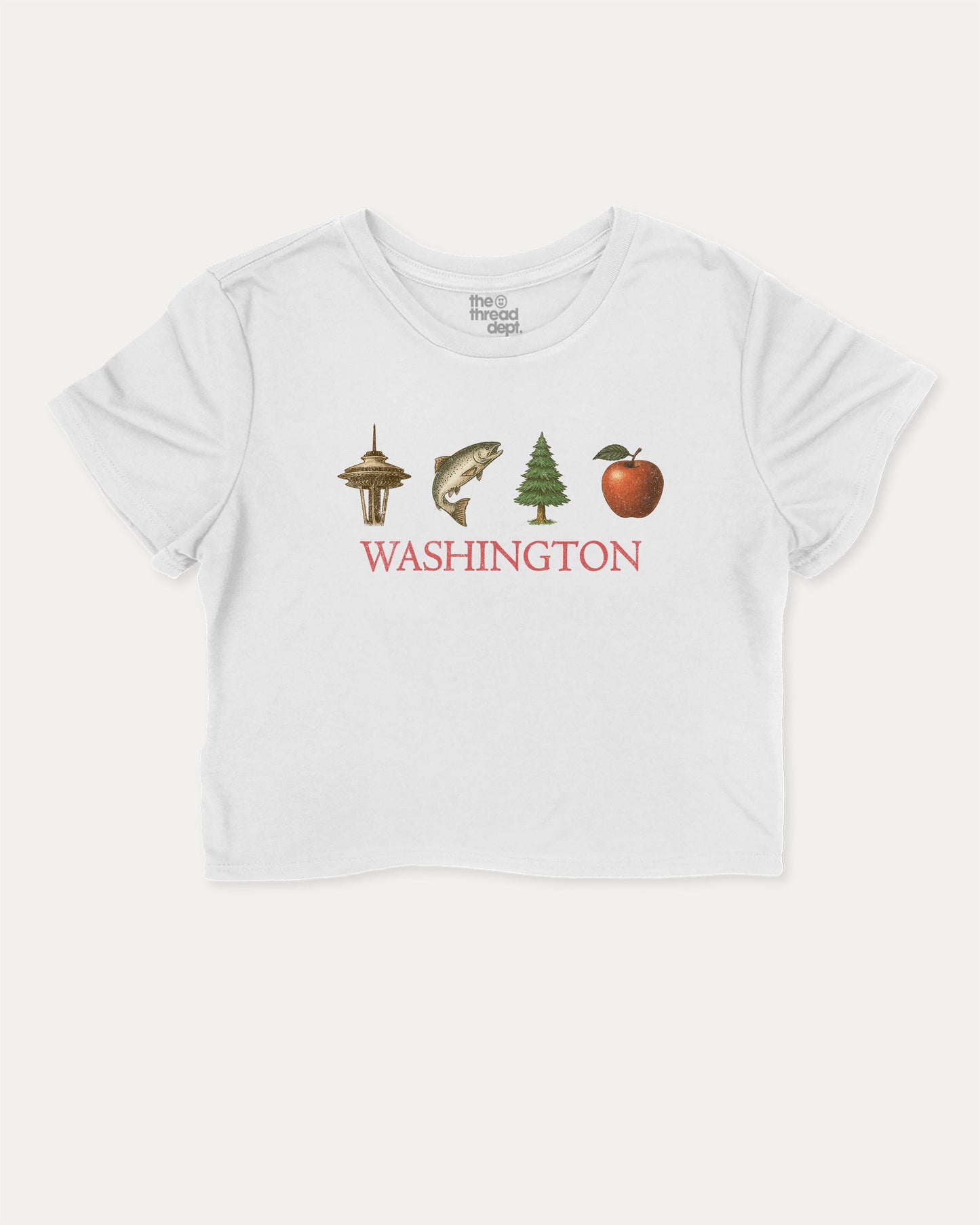 Vintage Washington cute and trendy crop tee with nostalgic graphic, perfect for women. A must-have cropped aesthetic shirt, ideal for daily outfits and casual days. White crop tee
