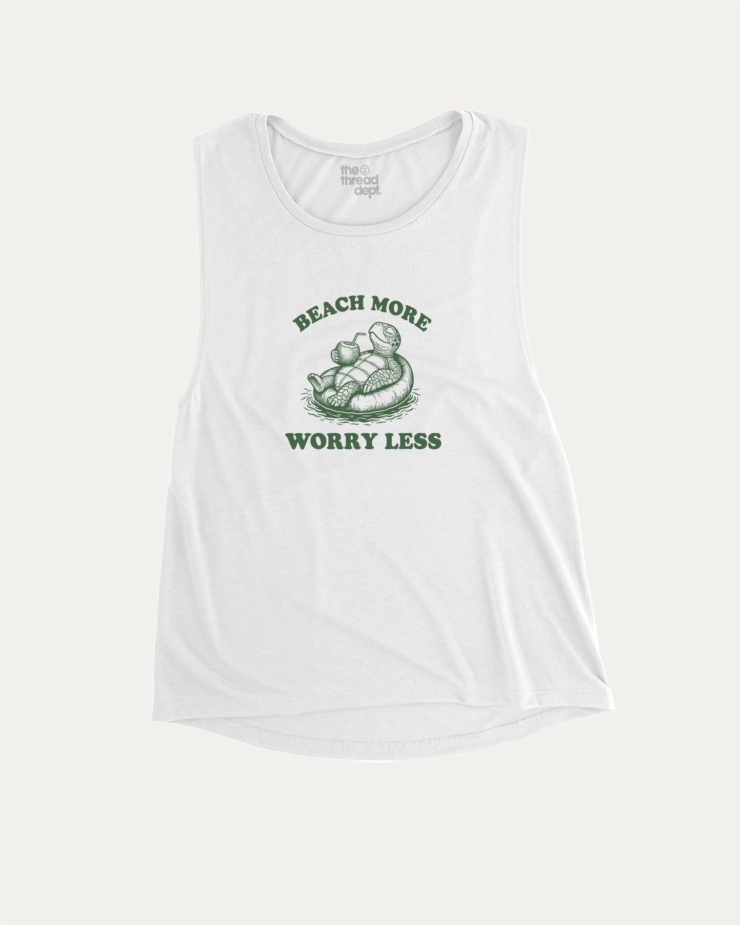 Beach More Worry Less aesthetic women's muscle tank with retro summer graphic, perfect for confident women. A must-have strong and stylish tank, ideal for workouts or everyday looks. White muscle top