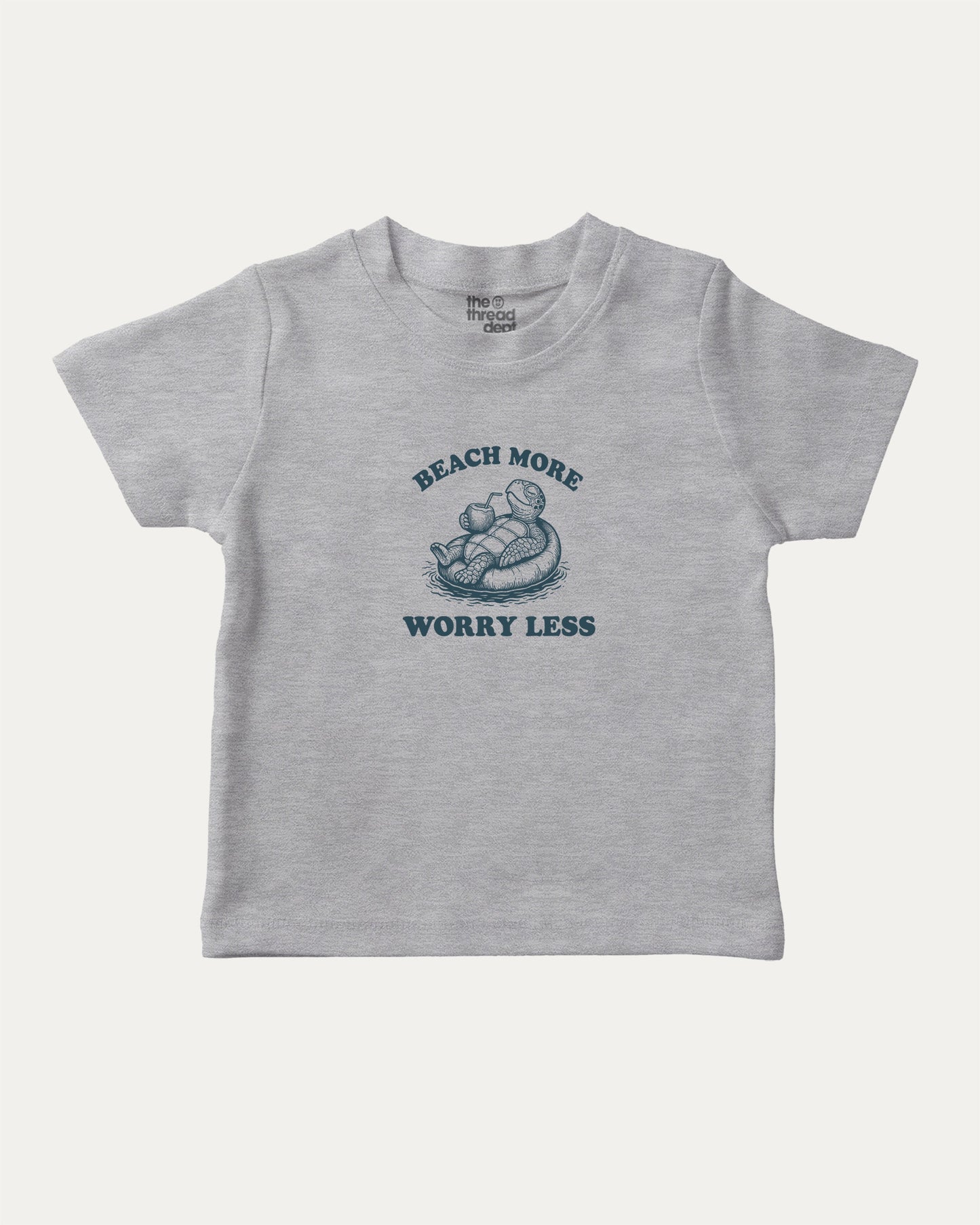 Beach More Worry Less playful kids' graphic tee, perfect for boys and girls. A must-have fun shirt for school, playtime, or gifting. Heather Grey baby t-shirt