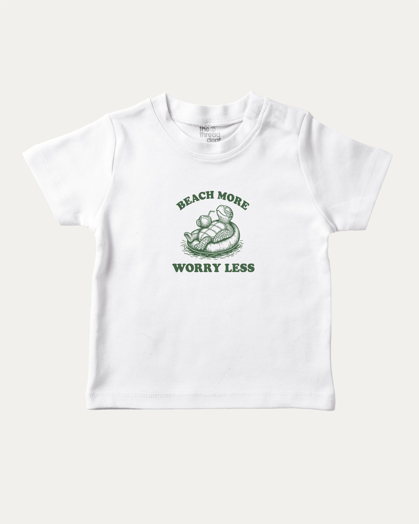 Beach More Worry Less playful kids' graphic tee, perfect for boys and girls. A must-have fun shirt for school, playtime, or gifting. White baby t-shirt