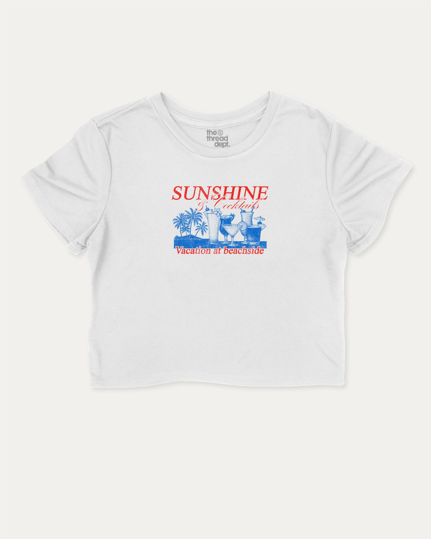 Vacation at beachside cute and trendy crop tee with nostalgic graphic, perfect for women. A must-have cropped aesthetic shirt, ideal for daily outfits and casual days. White crop tee