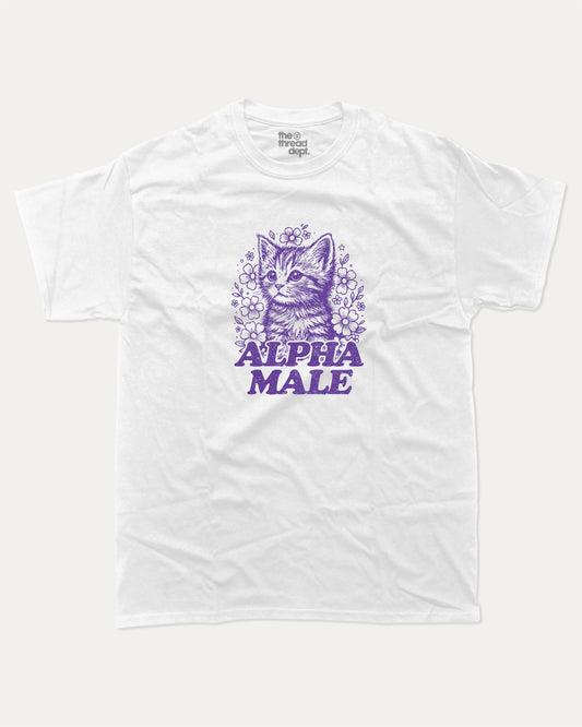 Alpha Male graphic tee with bold and humorous print, funny and trendy graphic. Pet Lover Graphic Tee, Animal t shirt, Cat lover t shirt, Perfect for adults and gift-giving. White shirt.