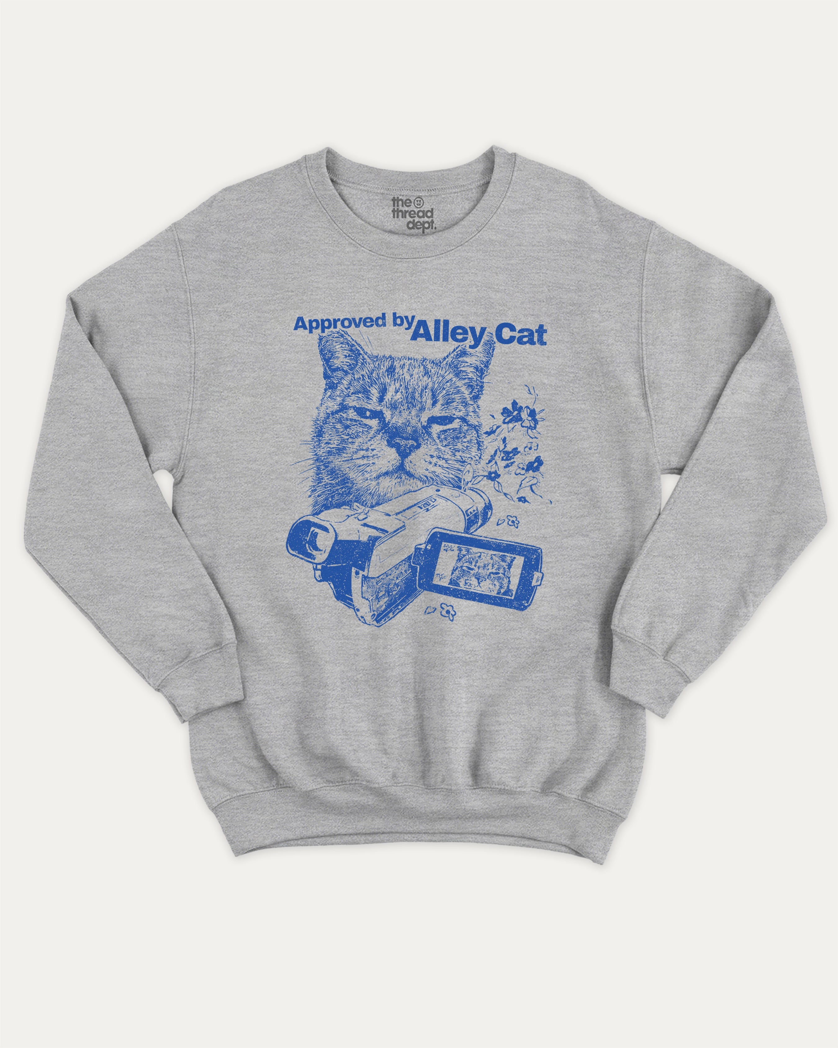 Approved by Alley Cat graphic sweatshirt with bold and humorous print, warm and cozy graphic for everyday wear. Perfect for adults and gift-giving. Heather Grey pullover.