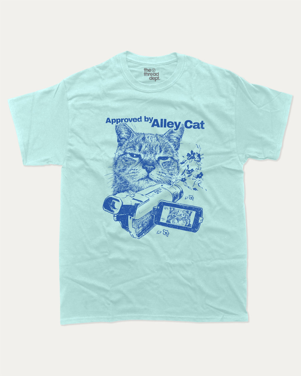 Approved by Alley Cat graphic tee with cute and funny print, trendy cat graphic. Perfect for adults and gift-giving. Celadon shirt.