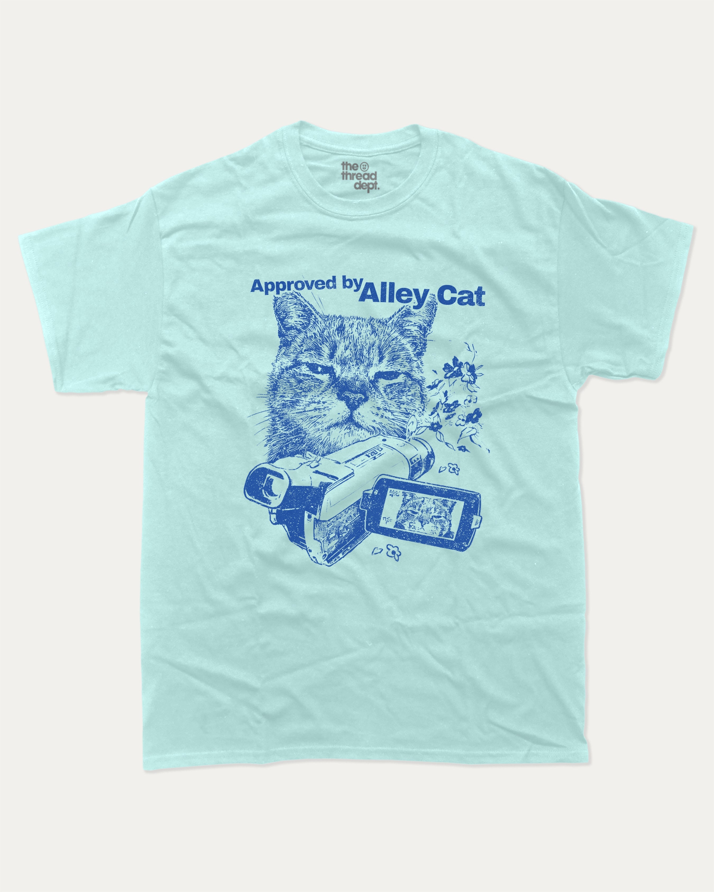 Approved by Alley Cat graphic tee with cute and funny print, trendy cat graphic. Perfect for adults and gift-giving. Celadon shirt.