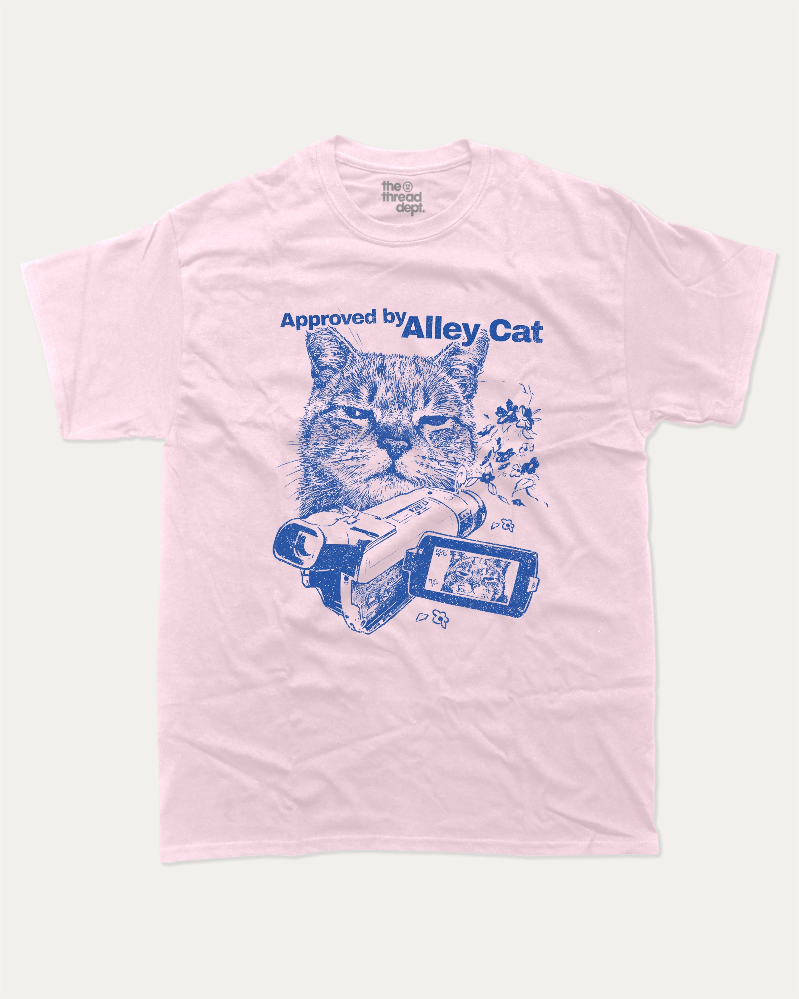 Approved by Alley Cat graphic tee with cute and funny print, trendy cat graphic. Perfect for adults and gift-giving. Pink shirt.