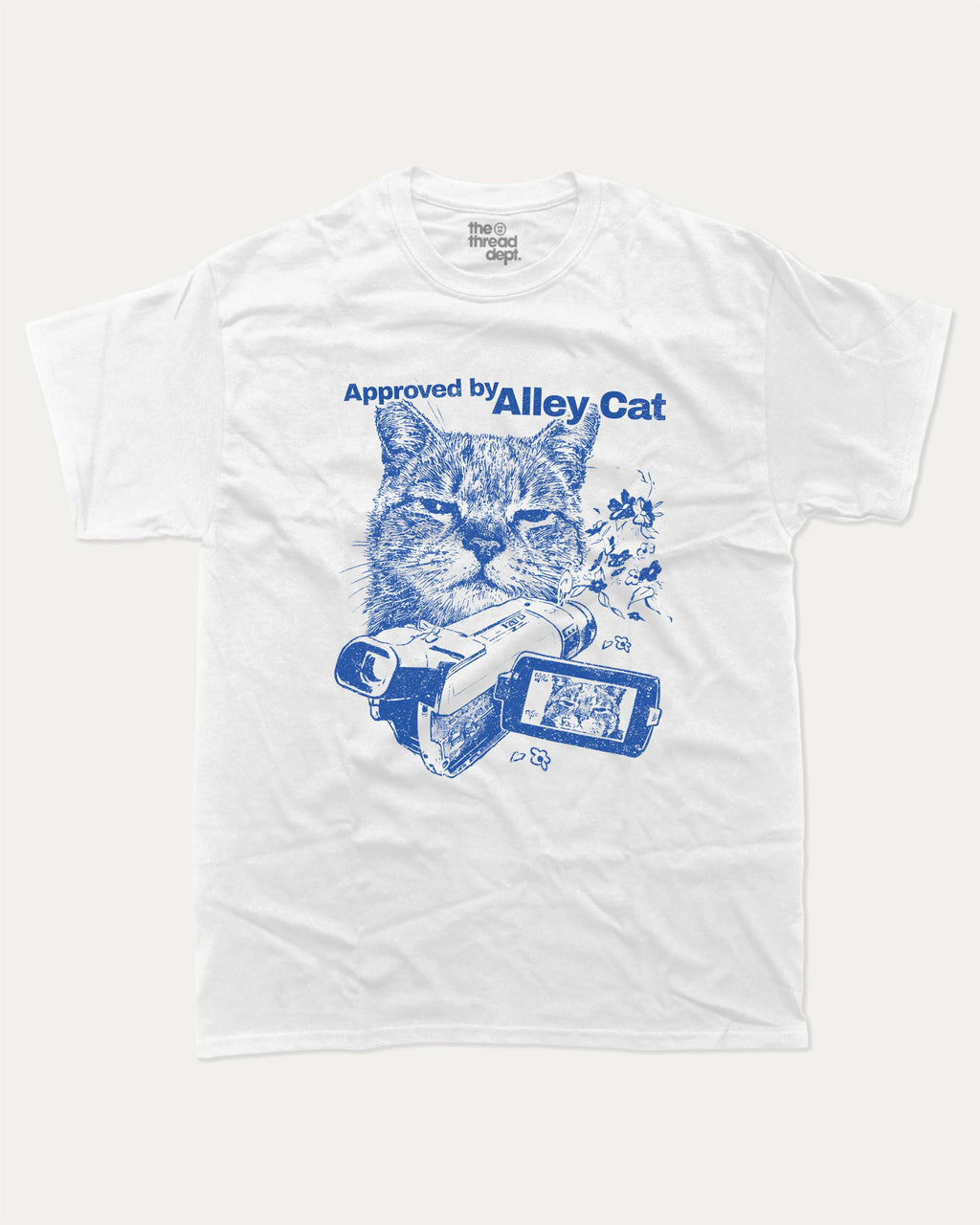 Approved by Alley Cat graphic tee with cute and funny print, trendy cat graphic. Perfect for adults and gift-giving. White shirt.