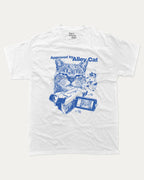 Approved by Alley Cat graphic tee with cute and funny print, trendy cat graphic. Perfect for adults and gift-giving. White shirt.