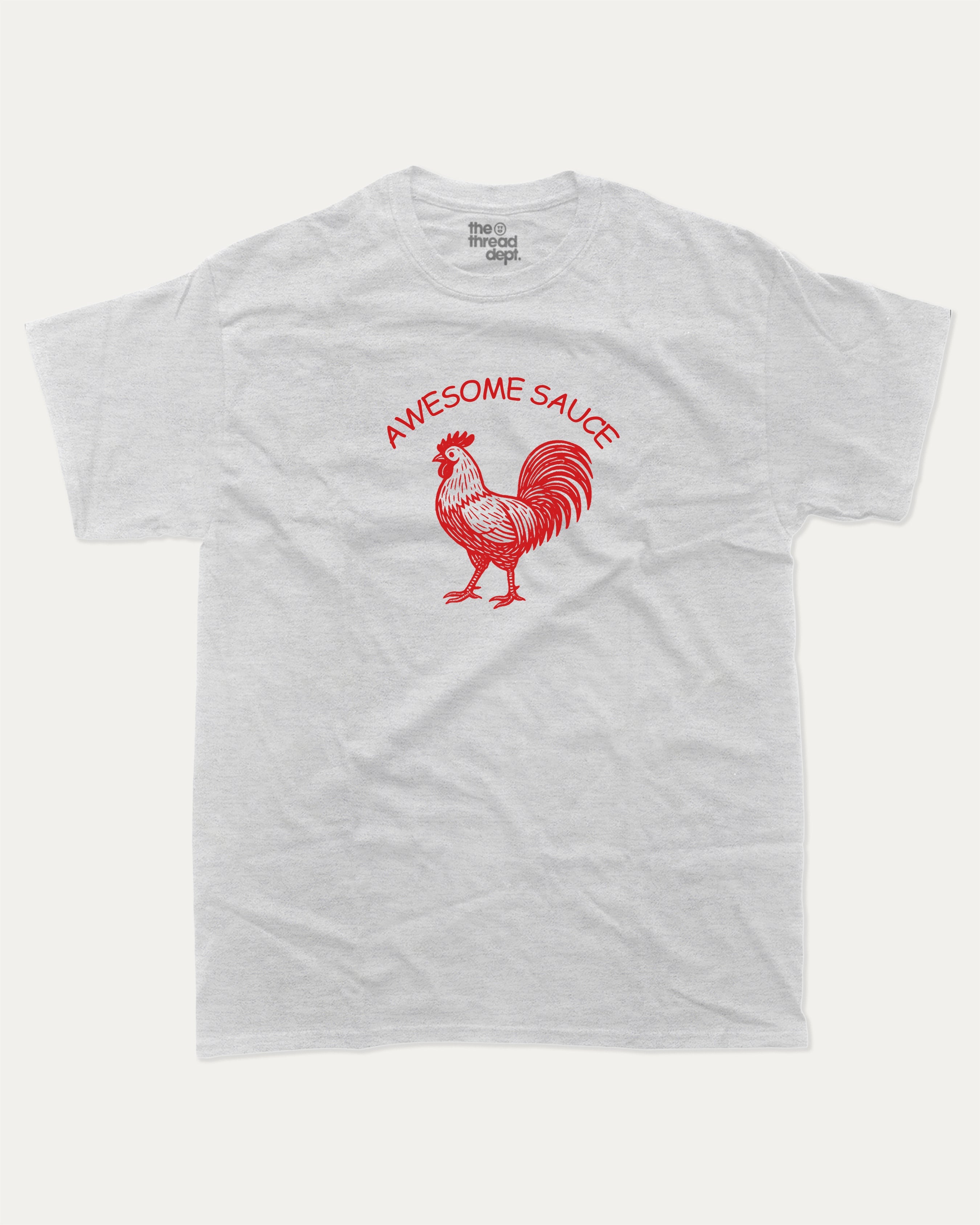 Awesome Sauce graphic t-shirt, Funny Animal Graphic T shirt, Rooster Graphic T shirt, Pun Animal Graphic T shirt,  A must-have funny tee, trending meme shirt, unique gift idea. Ash Grey .