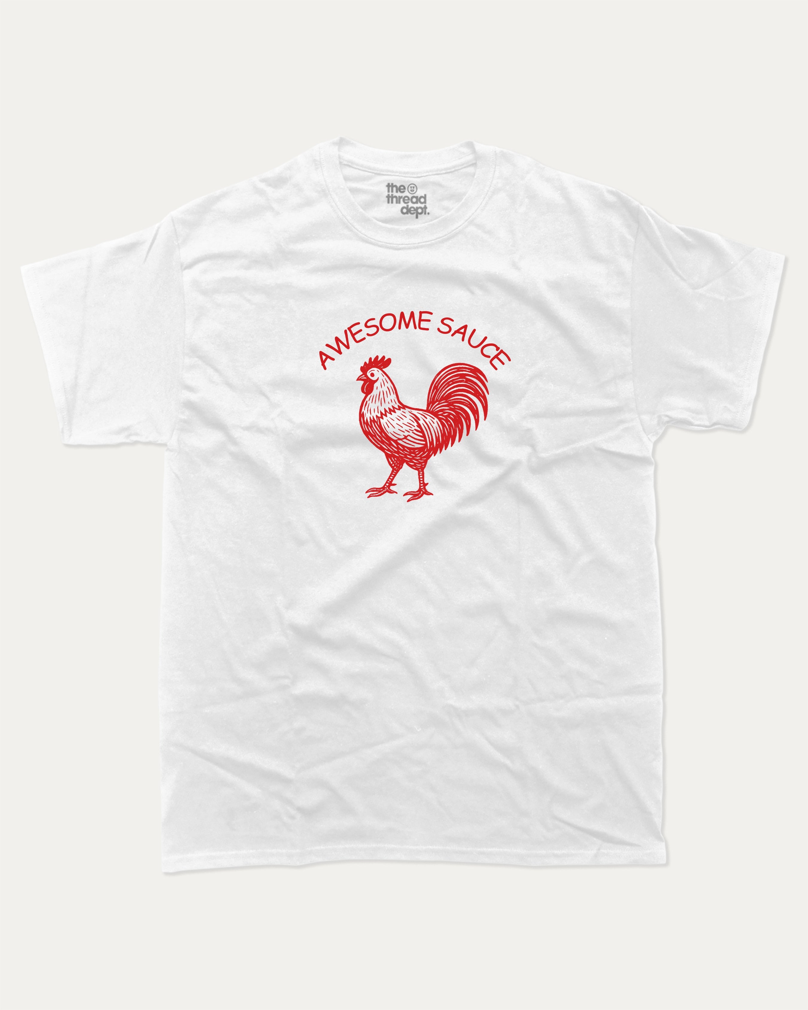Awesome Sauce graphic t-shirt, Funny Animal Graphic T shirt, Rooster Graphic T shirt, Pun Animal Graphic T shirt,  A must-have funny tee, trending meme shirt, unique gift idea. White.