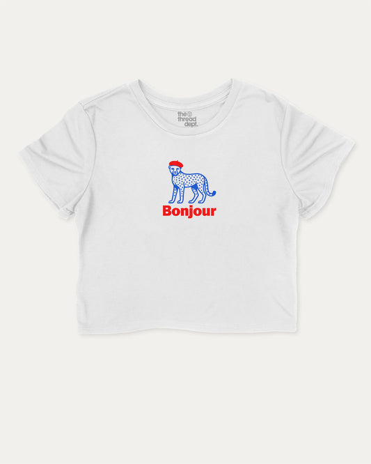 Bonjour cute and trendy crop tee with nostalgic graphic, perfect for women. A must-have cropped aesthetic shirt, ideal for daily outfits and casual days. White crop tee