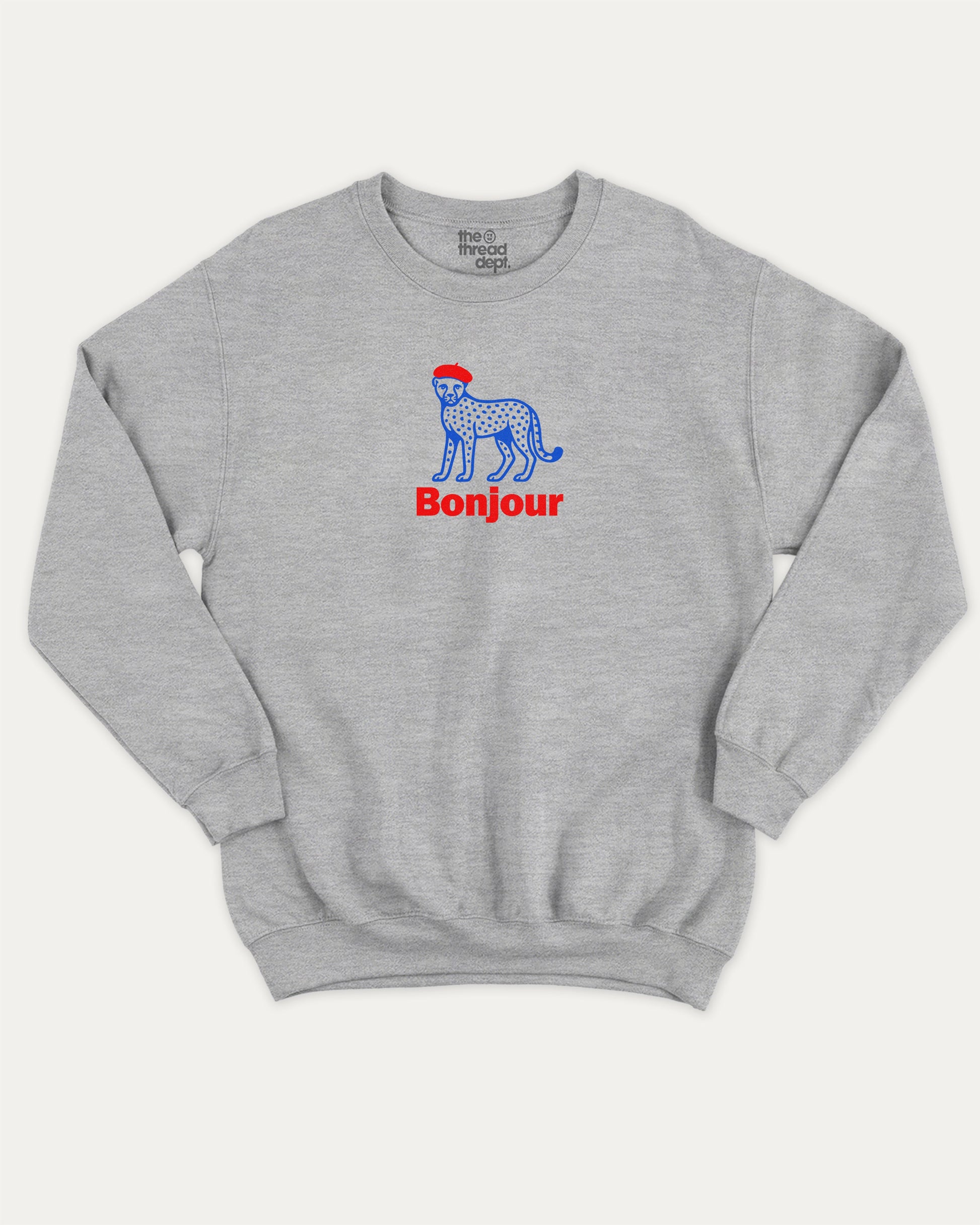 Bonjour pullover sweatshirt, French Graphic T shirt, Retro Inspired Graphic T shirt, Vintage Inspired Graphic T shirt, Retro Animal T shirt,  A must-have graphic pullover, comfy cold-weather wear, bold casual look. Heather Grey sweater
