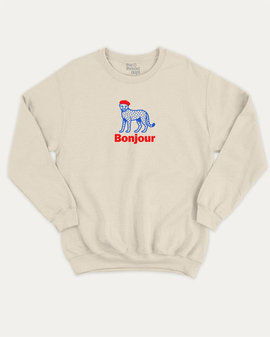 Bonjour pullover sweatshirt, French Graphic T shirt, Retro Inspired Graphic T shirt, Vintage Inspired Graphic T shirt, Retro Animal T shirt,  A must-have graphic pullover, comfy cold-weather wear, bold casual look. Natural sweater