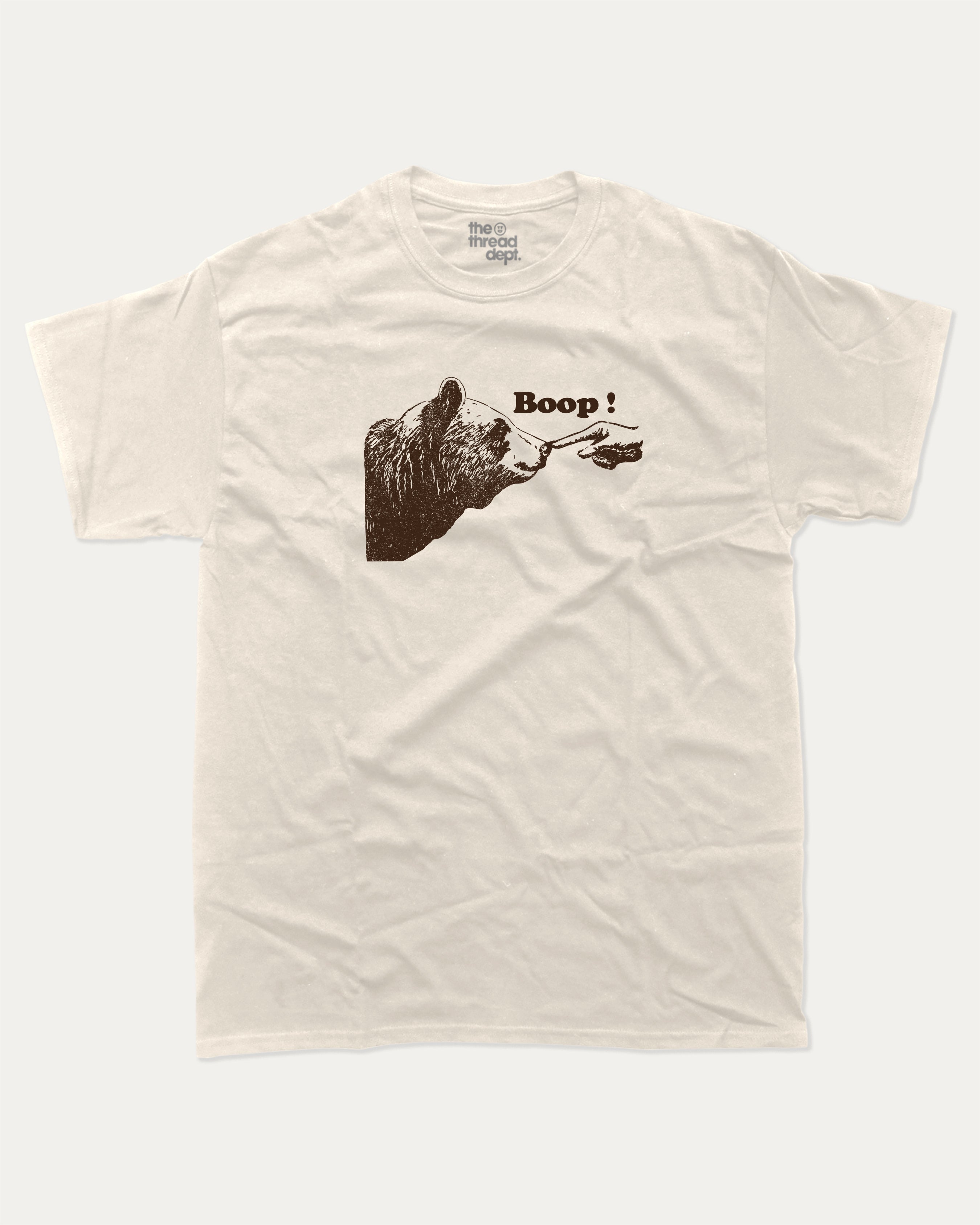 Boop graphic tee with bold and humorous print, funny and trendy graphic. Bear Lover T shirt, Animal Lover Graphic tee, Perfect for adults and gift-giving. Cream shirt.