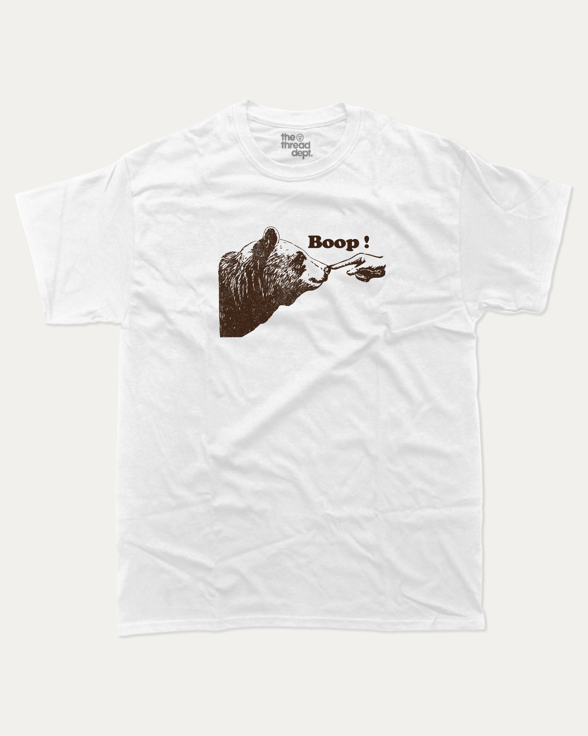 Boop graphic tee with bold and humorous print, funny and trendy graphic. Bear Lover T shirt, Animal Lover Graphic tee, Perfect for adults and gift-giving. White shirt.