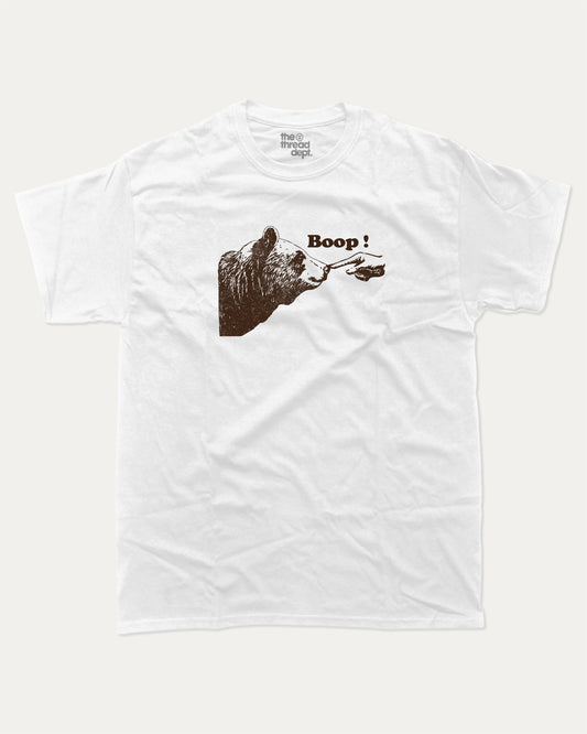 Boop graphic tee with bold and humorous print, funny and trendy graphic. Bear Lover T shirt, Animal Lover Graphic tee, Perfect for adults and gift-giving. White shirt.