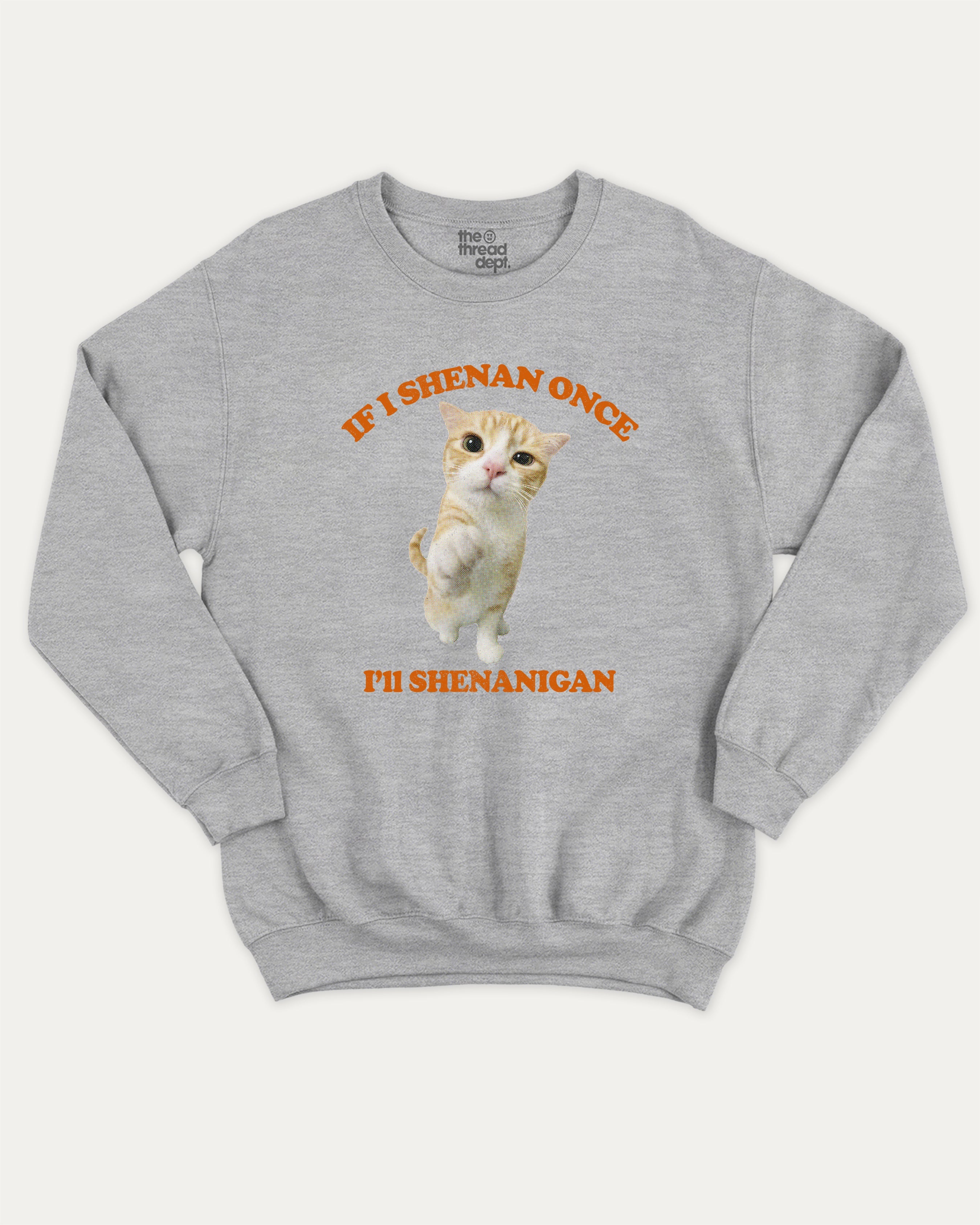 Cat Shenanigan graphic sweatshirt with bold and humorous print, Funny Meme Graphic T shirt, Cat meme Graphic T shirt, Animal Graphic T shirt, warm and cozy graphic for everyday wear. Perfect for adults and gift-giving. Heather Grey pullover.