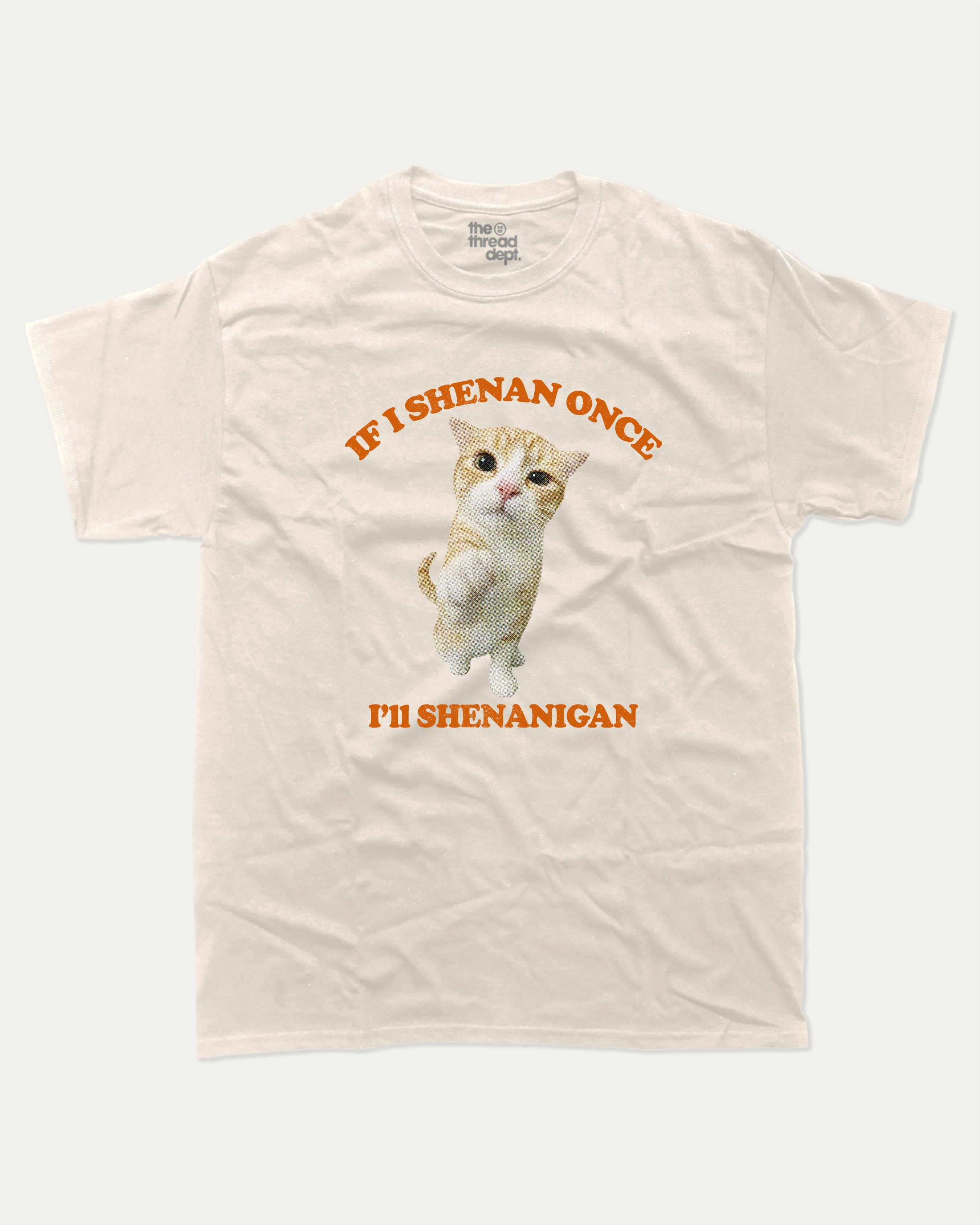 Cat Shenanigan graphic tee with bold and humorous print, Funny Meme Graphic T shirt, Cat meme Graphic T shirt, Animal Graphic T shirt, funny and trendy graphic. Perfect for adults and gift-giving. Cream shirt.