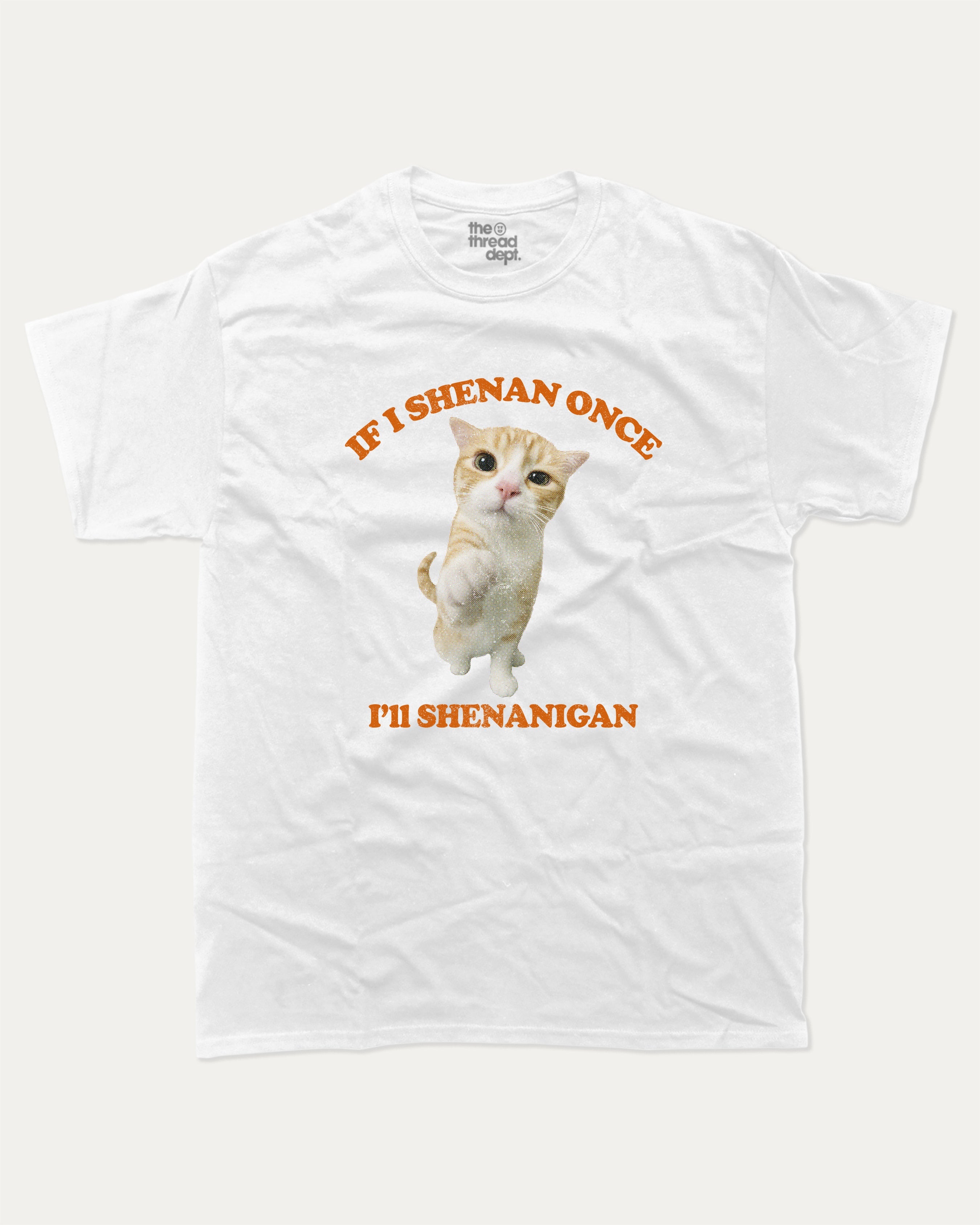 Cat Shenanigan graphic tee with bold and humorous print, Funny Meme Graphic T shirt, Cat meme Graphic T shirt, Animal Graphic T shirt, funny and trendy graphic. Perfect for adults and gift-giving. White shirt.