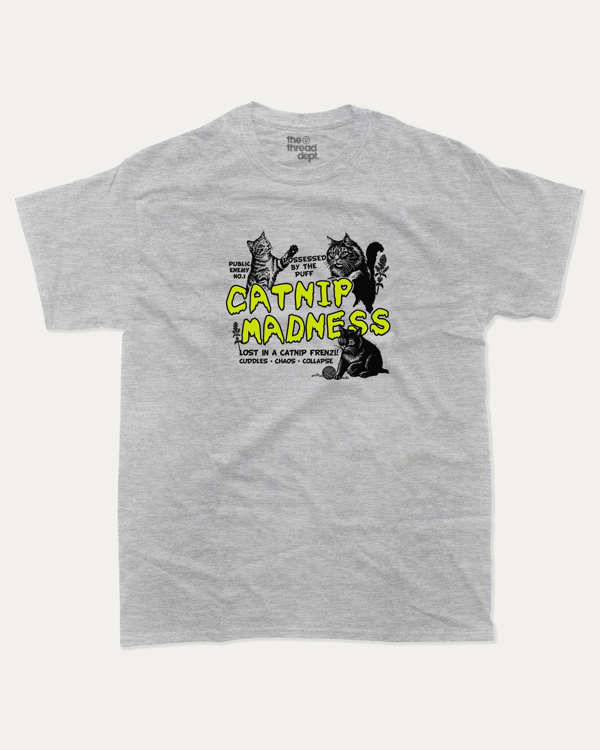 Catnip Madness graphic t-shirt, Cute Cat T shirt, Pet lovers tee, Furry Friends T shirt, Cat Graphic T shirt, A must-have funny tee, trending meme shirt, unique gift idea. Heather Grey.