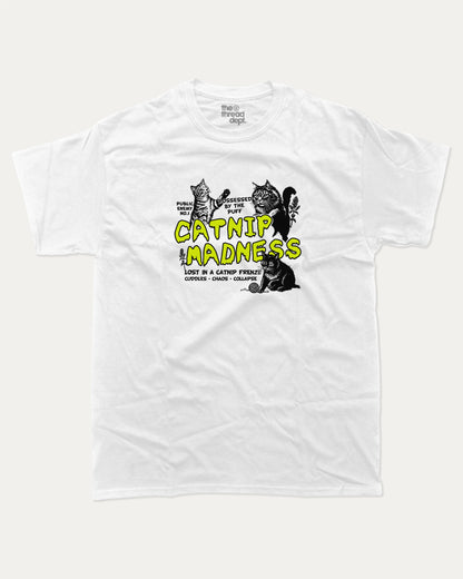 Catnip Madness graphic t-shirt, Cute Cat T shirt, Pet lovers tee, Furry Friends T shirt, Cat Graphic T shirt, A must-have funny tee, trending meme shirt, unique gift idea. White.