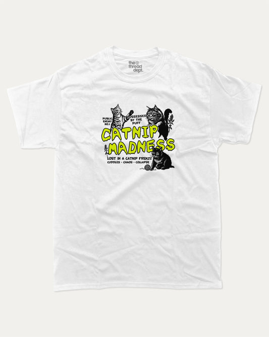 Catnip Madness graphic t-shirt, Cute Cat T shirt, Pet lovers tee, Furry Friends T shirt, Cat Graphic T shirt, A must-have funny tee, trending meme shirt, unique gift idea. White.
