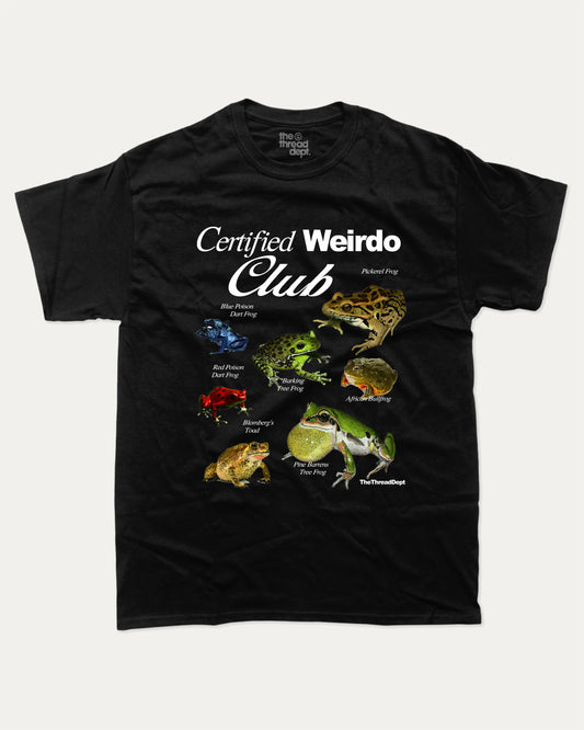 Cetified Weirdo Club graphic t-shirt, perfect for adults. making it a delightful gift for frog lovers and fans of quirky animal designs. Black.