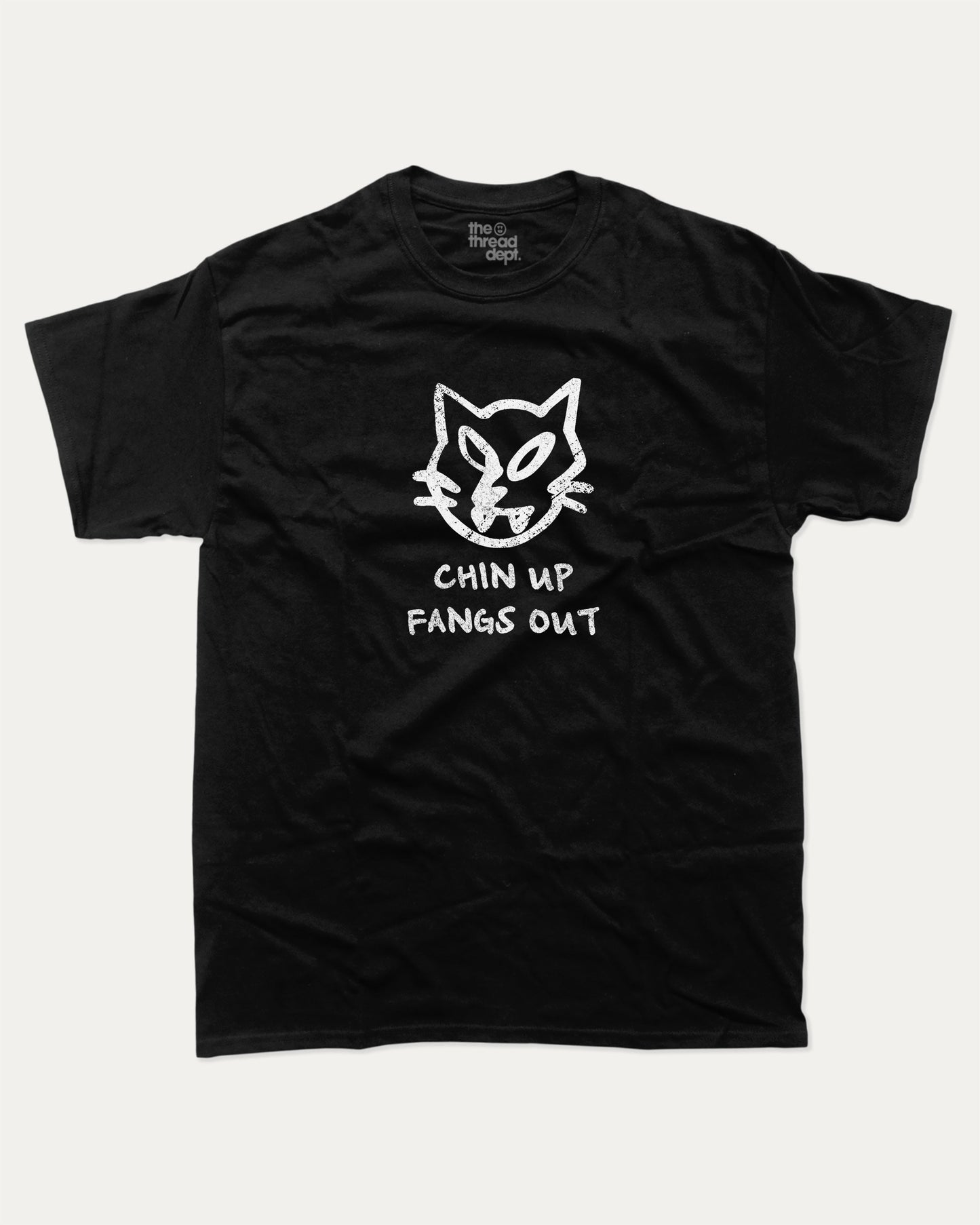 Chin Up Fangs Out graphic t-shirt, perfect for adults. Cat Graphic Tee, Vintage Retro T shirt, Minimalistic Design T shirt, Funny Humorous Tee, unique gift idea. Black.