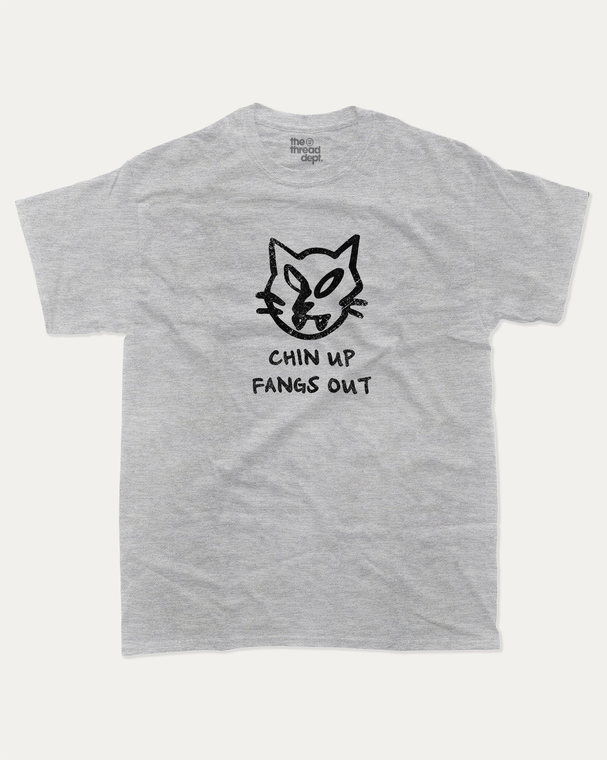 Chin Up Fangs Out graphic t-shirt, perfect for adults. Cat Graphic Tee, Vintage Retro T shirt, Minimalistic Design T shirt, Funny Humorous Tee, unique gift idea. Heather Grey.