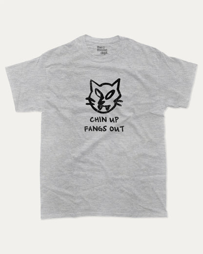 Chin Up Fangs Out graphic t-shirt, perfect for adults. Cat Graphic Tee, Vintage Retro T shirt, Minimalistic Design T shirt, Funny Humorous Tee, unique gift idea. Heather Grey.