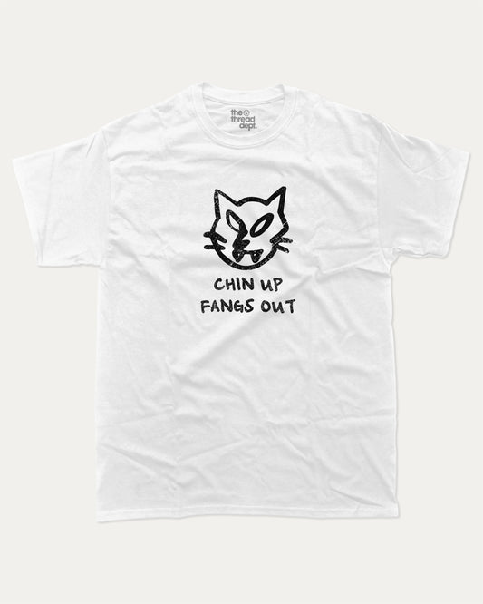 Chin Up Fangs Out graphic t-shirt, perfect for adults. Cat Graphic Tee, Vintage Retro T shirt, Minimalistic Design T shirt, Funny Humorous Tee, unique gift idea. White.