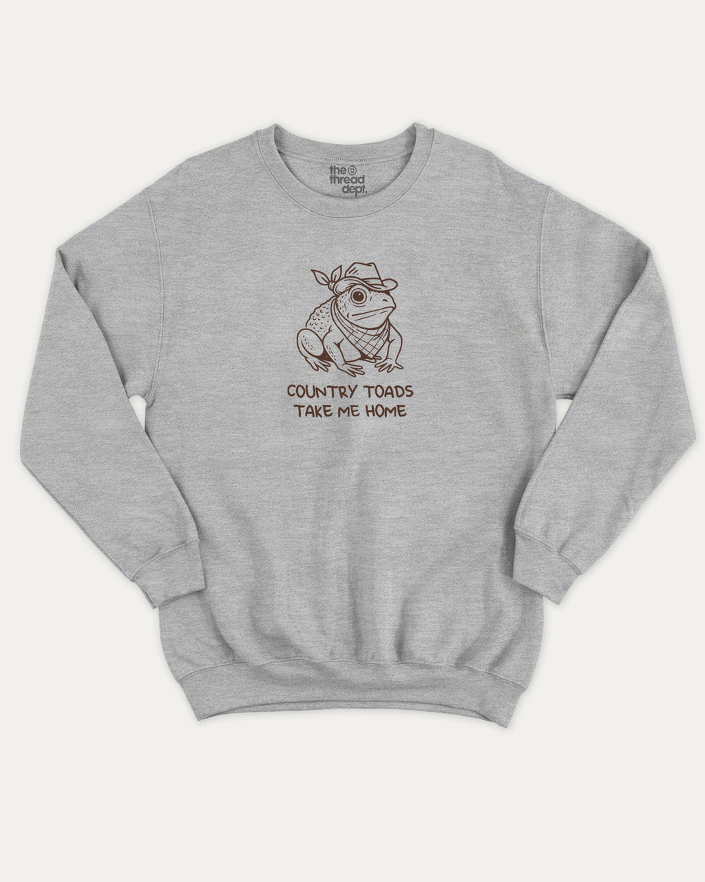Country Toads Take Me Home funny frog graphic sweatshirt with bold and humorous print, warm and cozy graphic for everyday wear. Perfect funny gifts for friends and gift-giving. Heather Grey pullover.