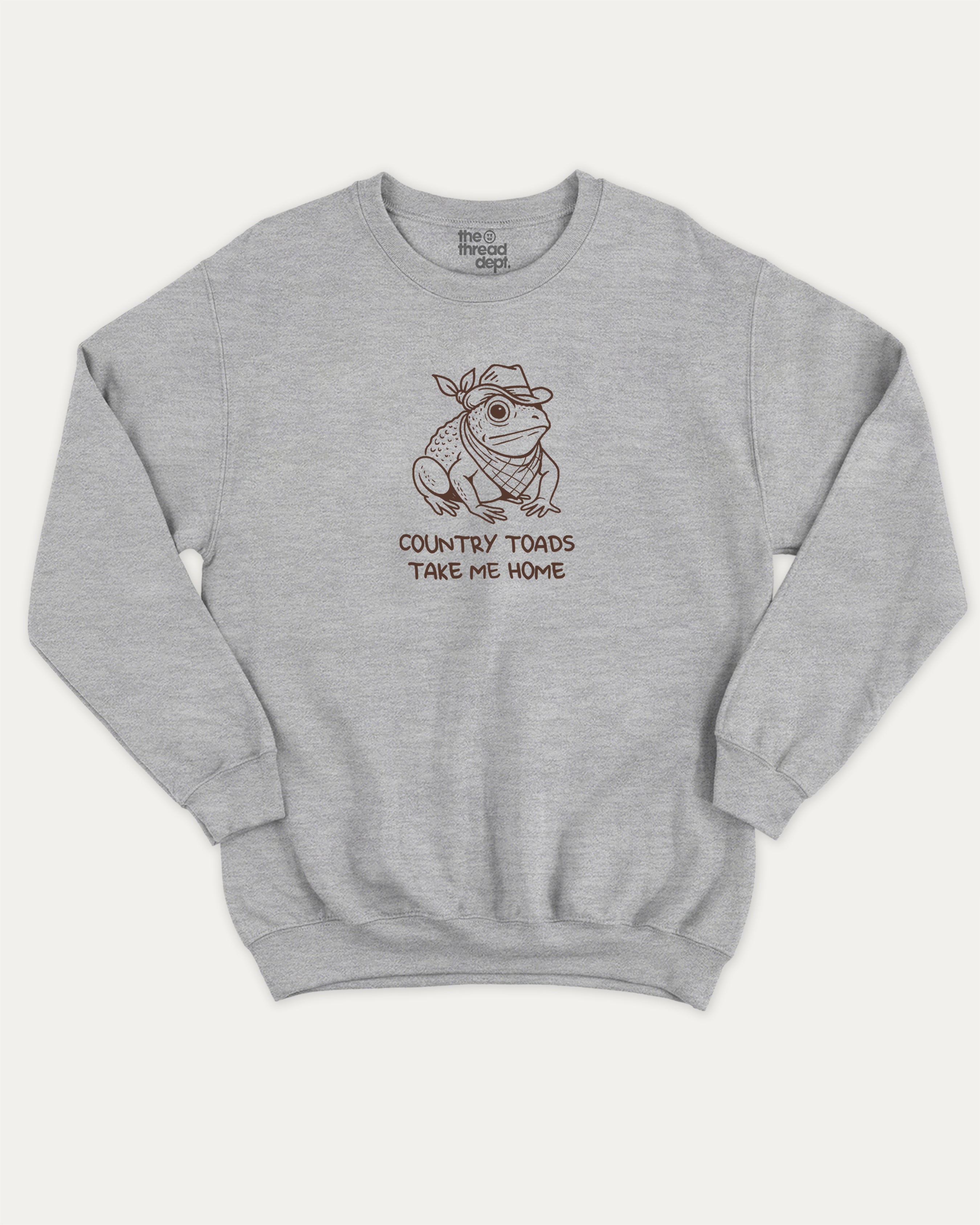 Country Toads Take Me Home funny frog graphic sweatshirt with bold and humorous print, warm and cozy graphic for everyday wear. Perfect funny gifts for friends and gift-giving. Heather Grey pullover.