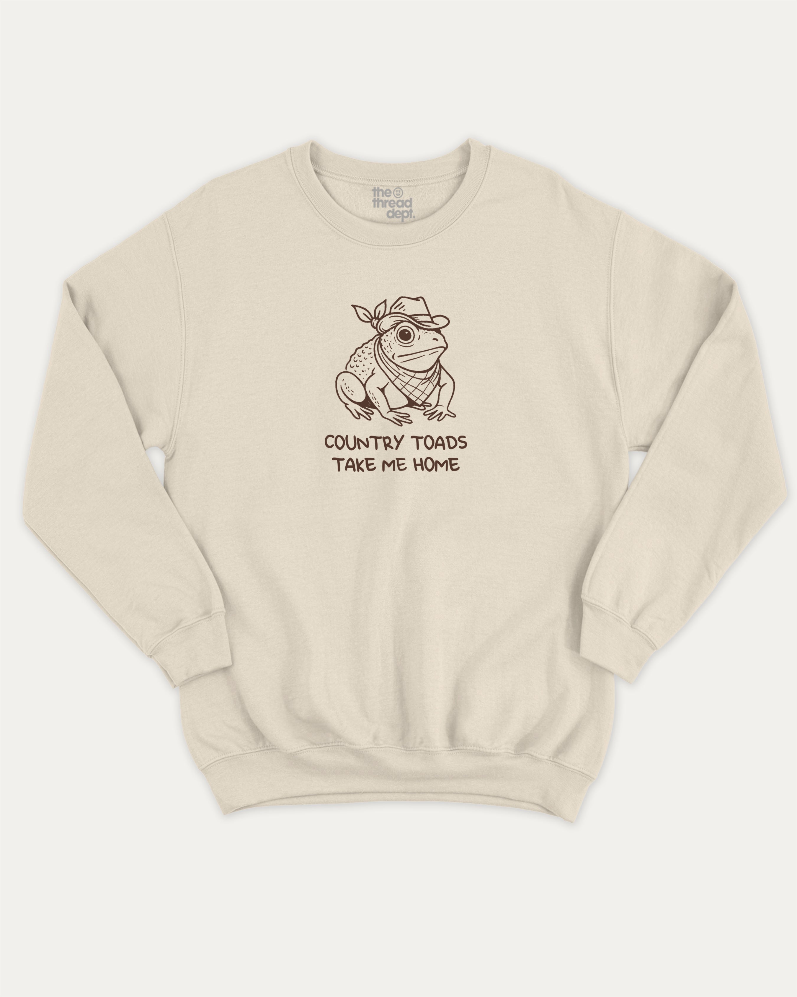 Country Toads Take Me Home funny frog graphic sweatshirt with bold and humorous print, warm and cozy graphic for everyday wear. Perfect funny gifts for friends and gift-giving. Natural pullover.