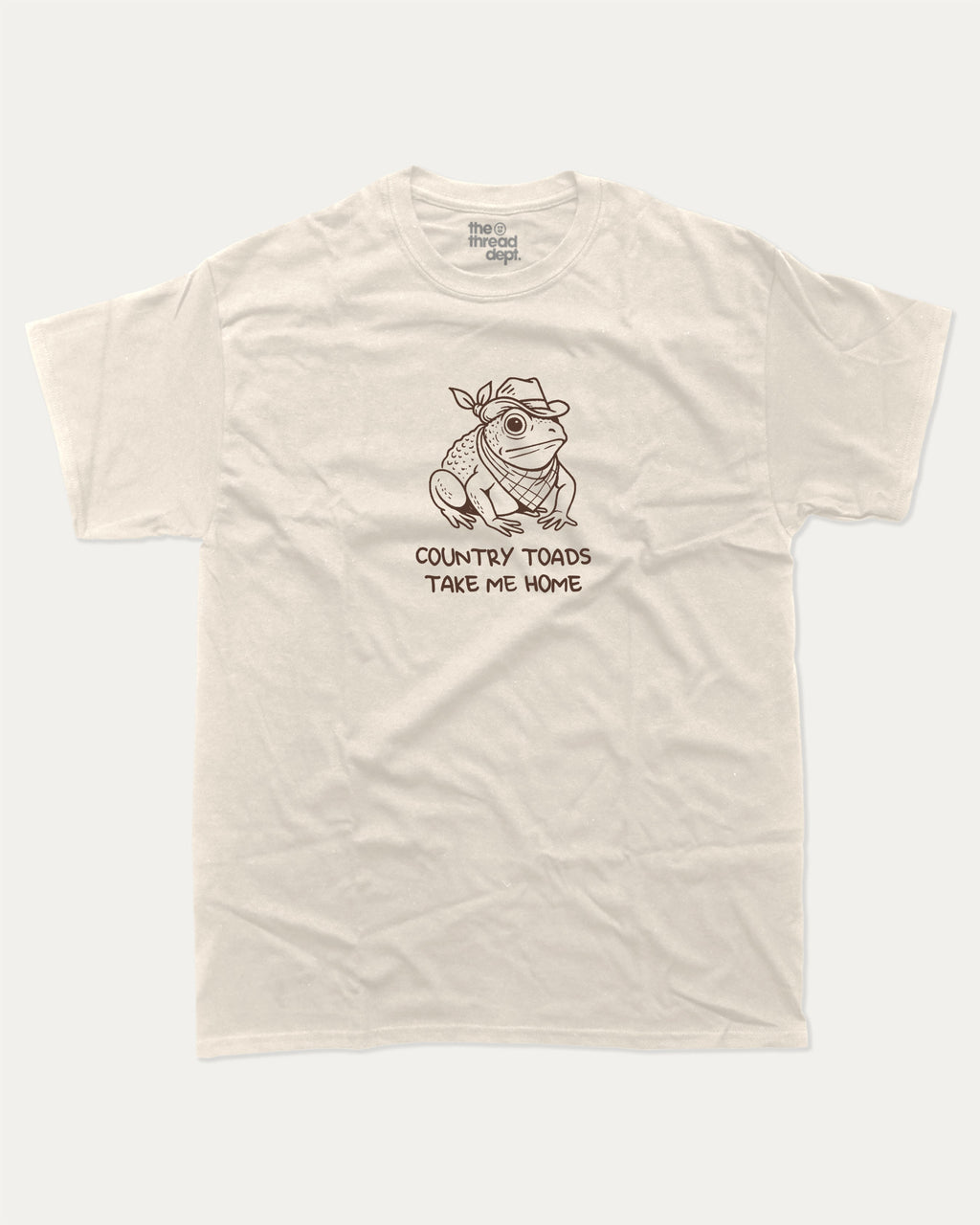 Country Toads Take Me Home funny frog graphic tee with retro and funny print, vintage and trendy graphic. Perfect funny gifts for friends and gift-giving. Cream shirt.