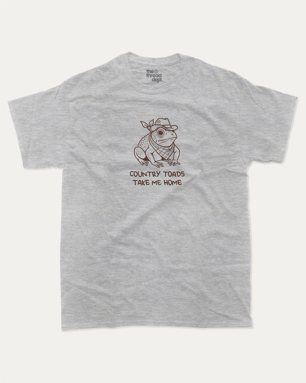 Country Toads Take Me Home funny frog graphic tee with retro and funny print, vintage and trendy graphic. Perfect funny gifts for friends and gift-giving. Heather Grey shirt.
