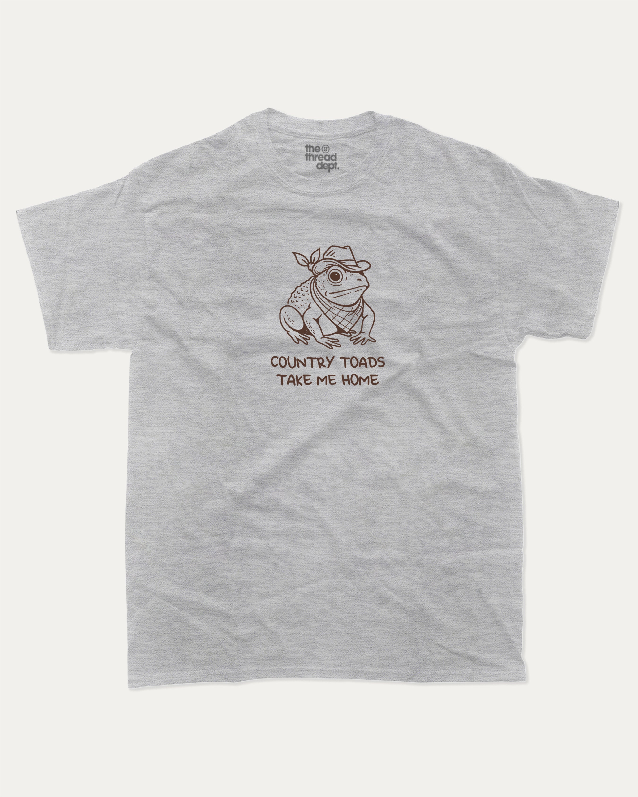 Country Toads Take Me Home funny frog graphic tee with retro and funny print, vintage and trendy graphic. Perfect funny gifts for friends and gift-giving. Heather Grey shirt.