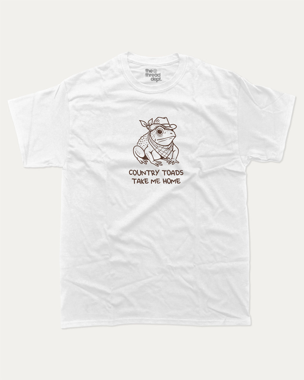 Country Toads Take Me Home funny frog graphic tee with retro and funny print, vintage and trendy graphic. Perfect funny gifts for friends and gift-giving. White shirt.