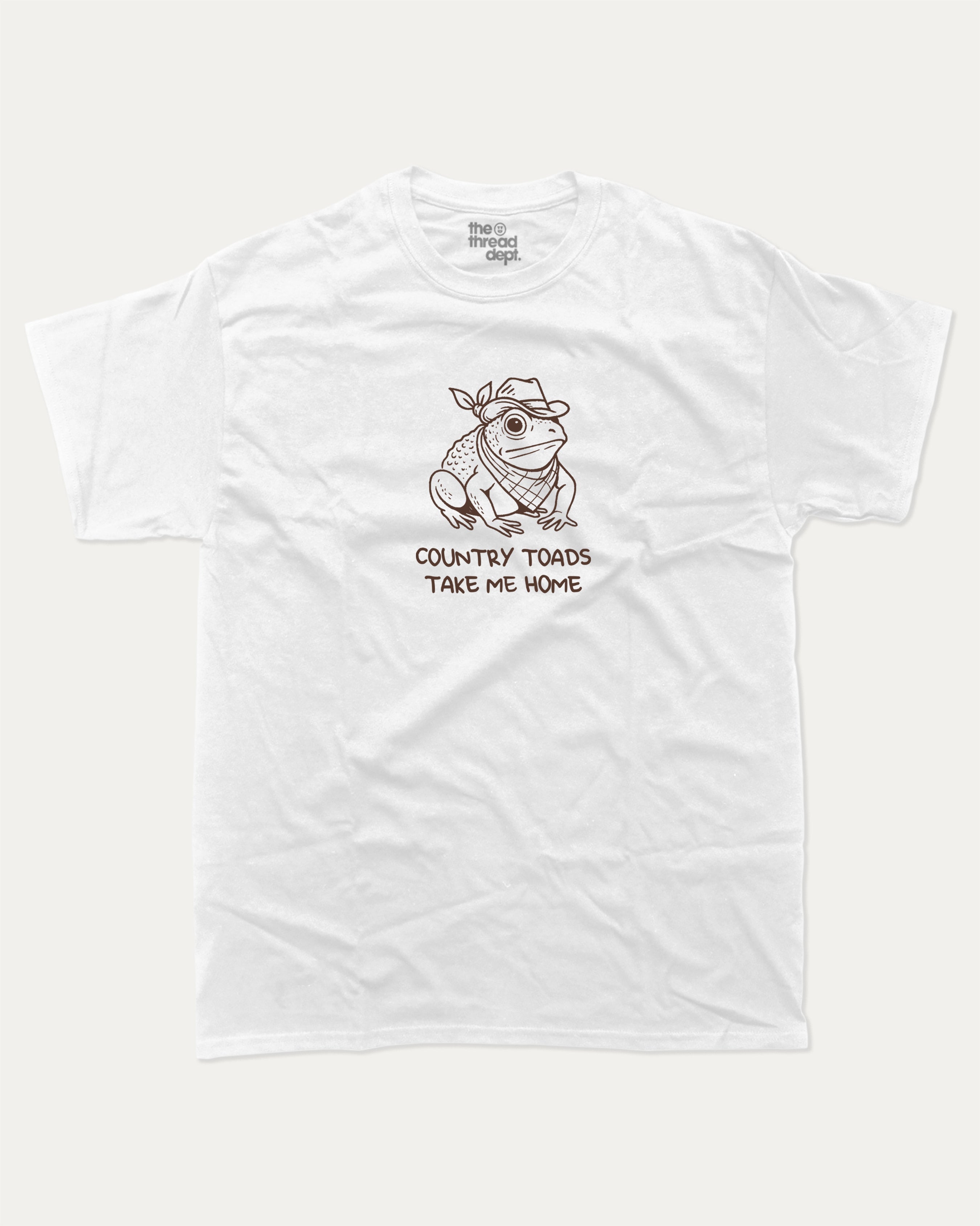 Country Toads Take Me Home funny frog graphic tee with retro and funny print, vintage and trendy graphic. Perfect funny gifts for friends and gift-giving. White shirt.
