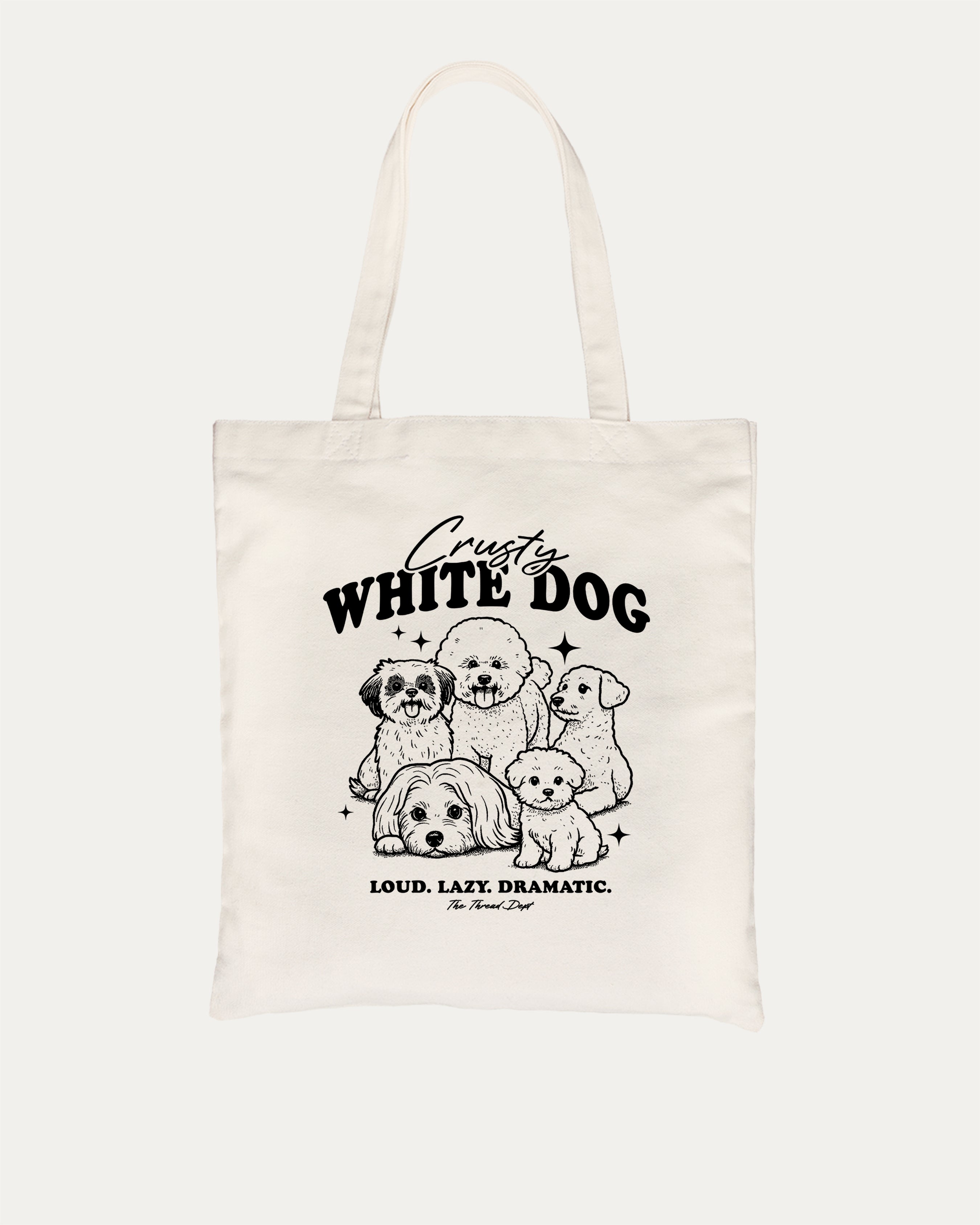 Crusty White Dog graphic tote bag with cute and funny print, reusable tote for school, errands, or gifting. Natural tote bag.