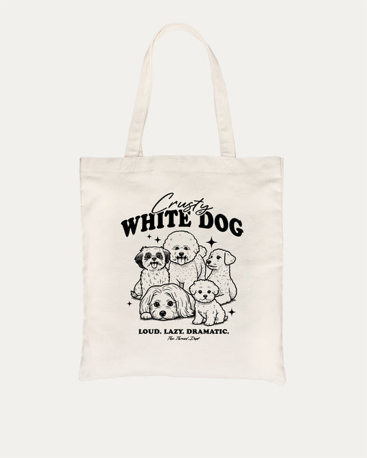 Crusty White Dog graphic tote bag with cute and funny print, reusable tote for school, errands, or gifting. Natural tote bag.