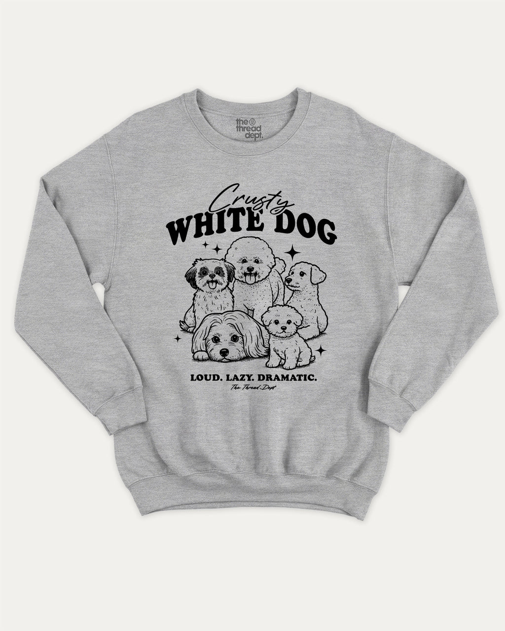 Crusty White Dog graphic sweatshirt with cute and humorous print, warm and cozy graphic for everyday wear. Perfect for adults and gift-giving. Heather Grey pullover.