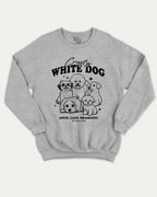 Crusty White Dog graphic sweatshirt with cute and humorous print, warm and cozy graphic for everyday wear. Perfect for adults and gift-giving. Heather Grey pullover.